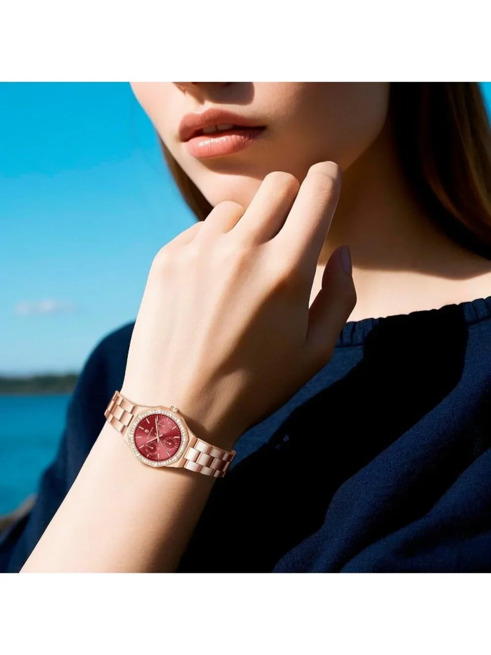 Women's Rose Gold Strap/ Red Round Face Luxury Waterproof Elegant Wrist Watch